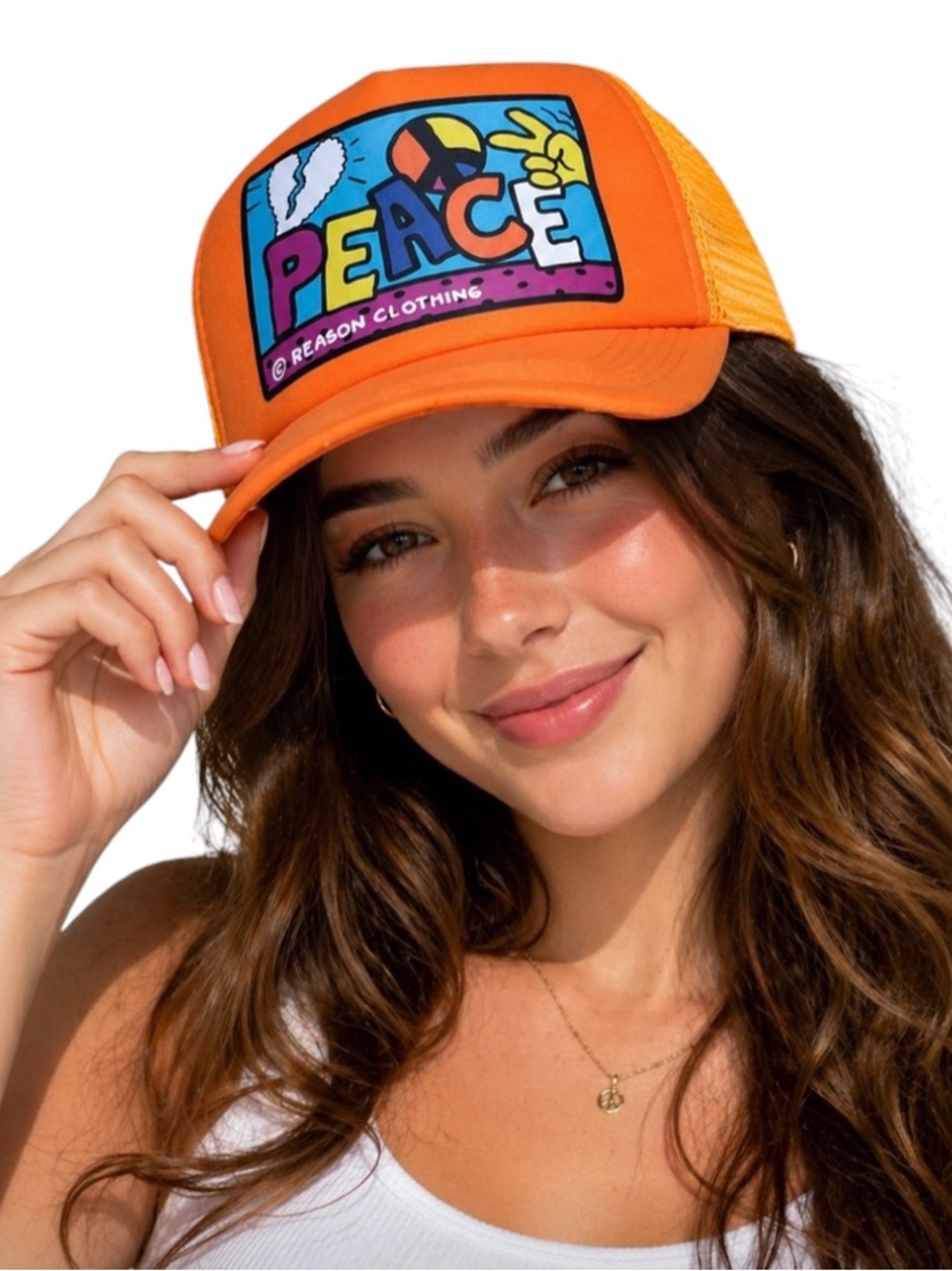 Reason Clothing Orange “Peace” Graphic Design Snapback Trucker Hat, OS.​​